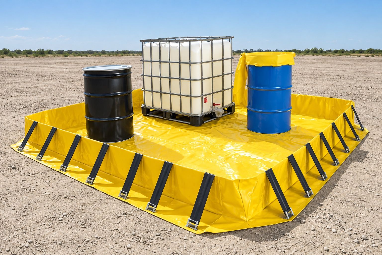 Yellow PVC compact folding spill berm set out on rough ground, holding an IBC and two drums, with black hinged struts bracing the walls and one wall folded down for access