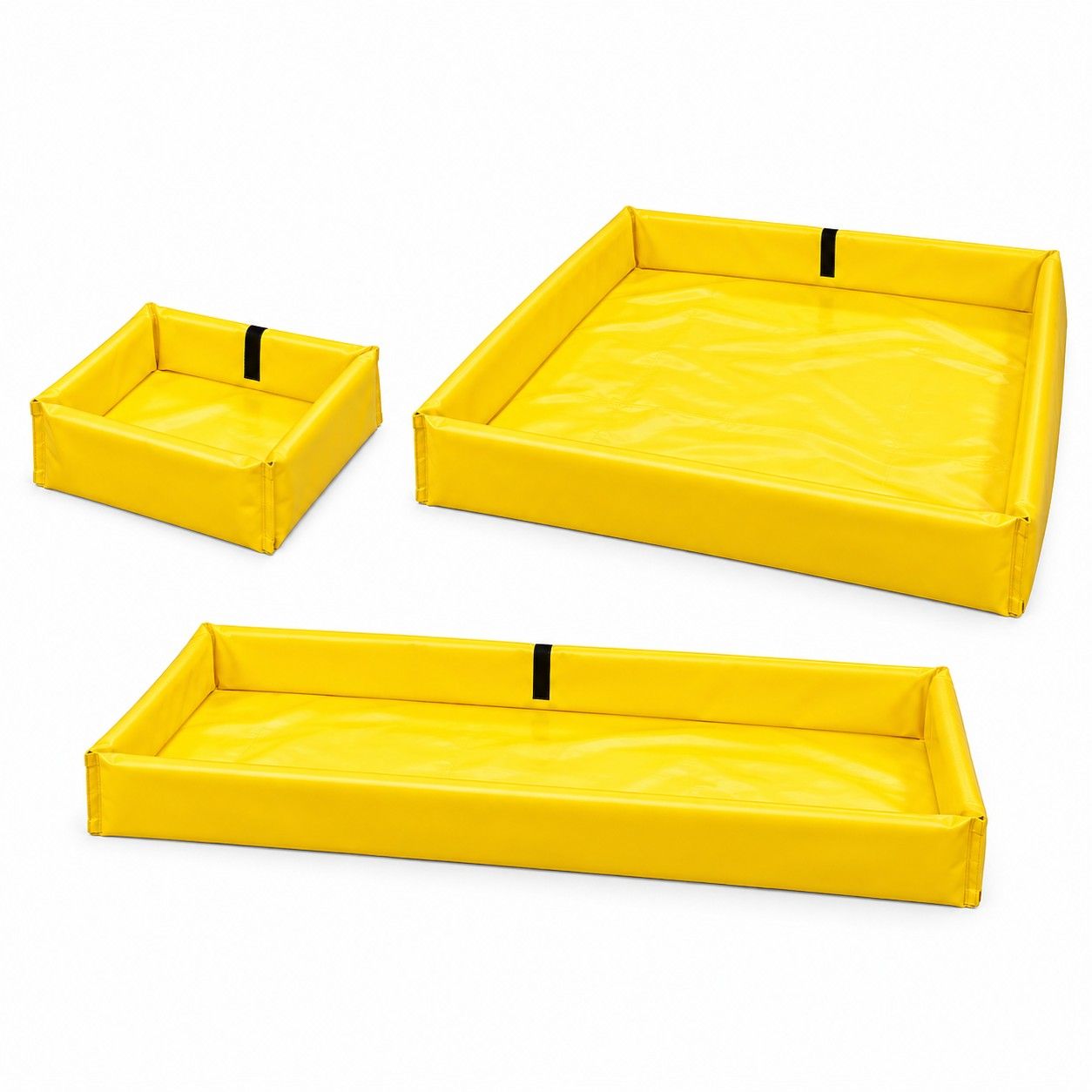Three yellow foam wall spill berms: a small square, a large square and a long rectangle, each with a black strap on one wall