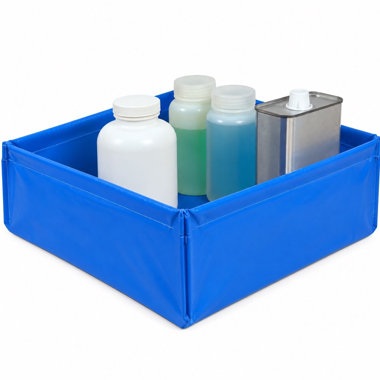 Blue PVC flexible spill tray holding four small containers, with the folded and welded corner clearly visible where the two walls meet