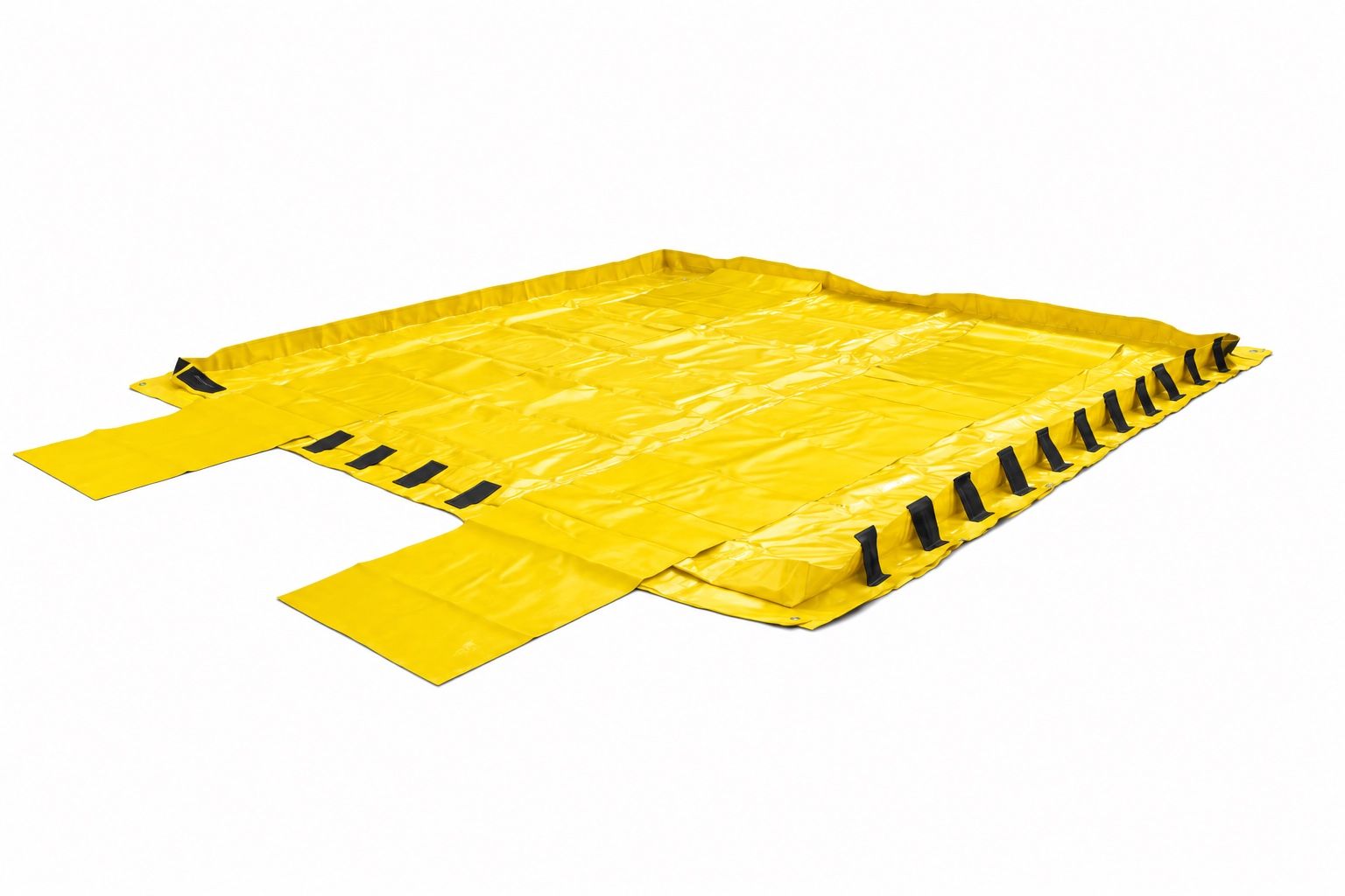 Yellow PVC ground tarp laid flat with black webbing loops along two edges and a pair of track belts running out from underneath it