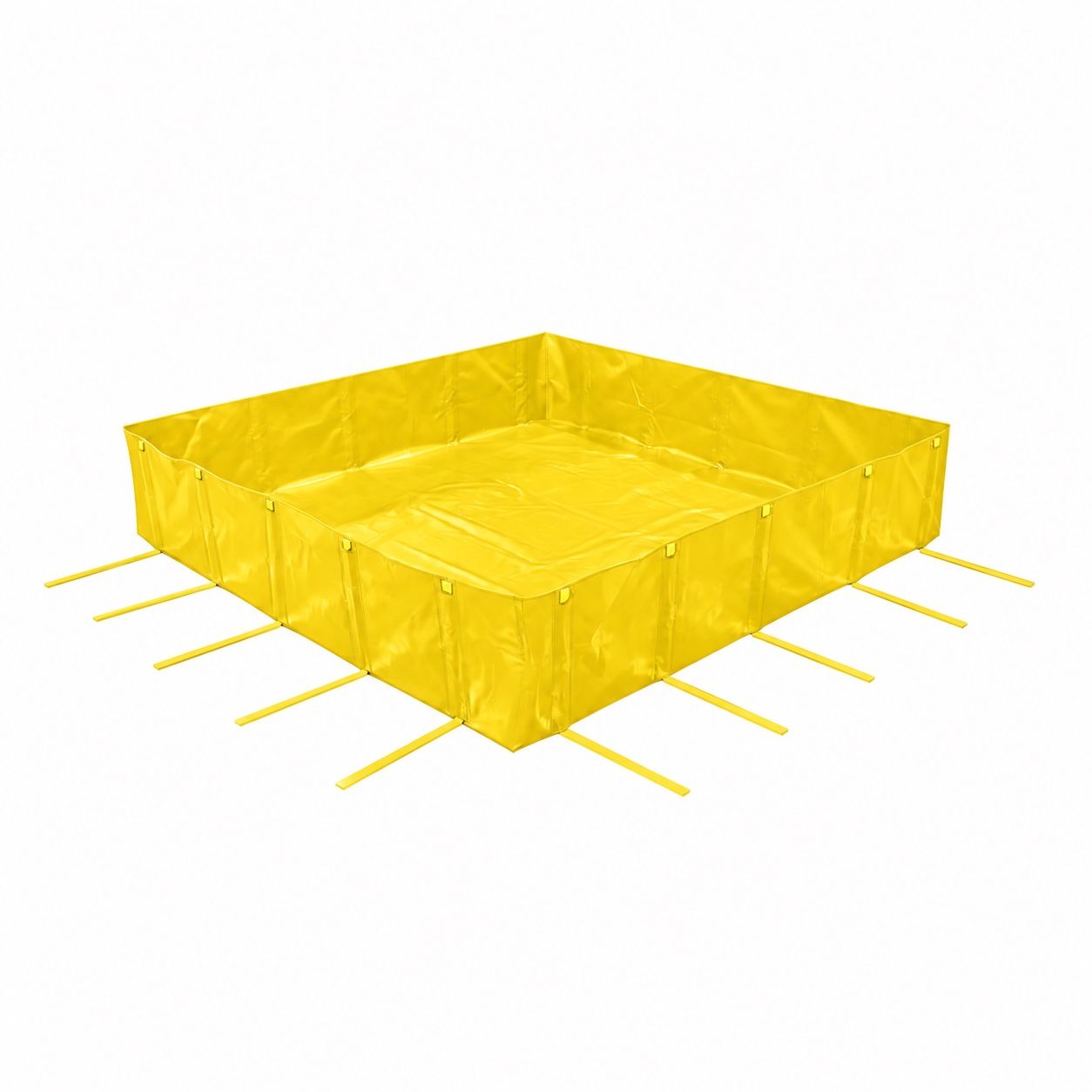 Yellow PVC L-bracket spill berm with 24 in walls, showing the long flat bracket legs extending outward along the ground from the base of every wall sleeve