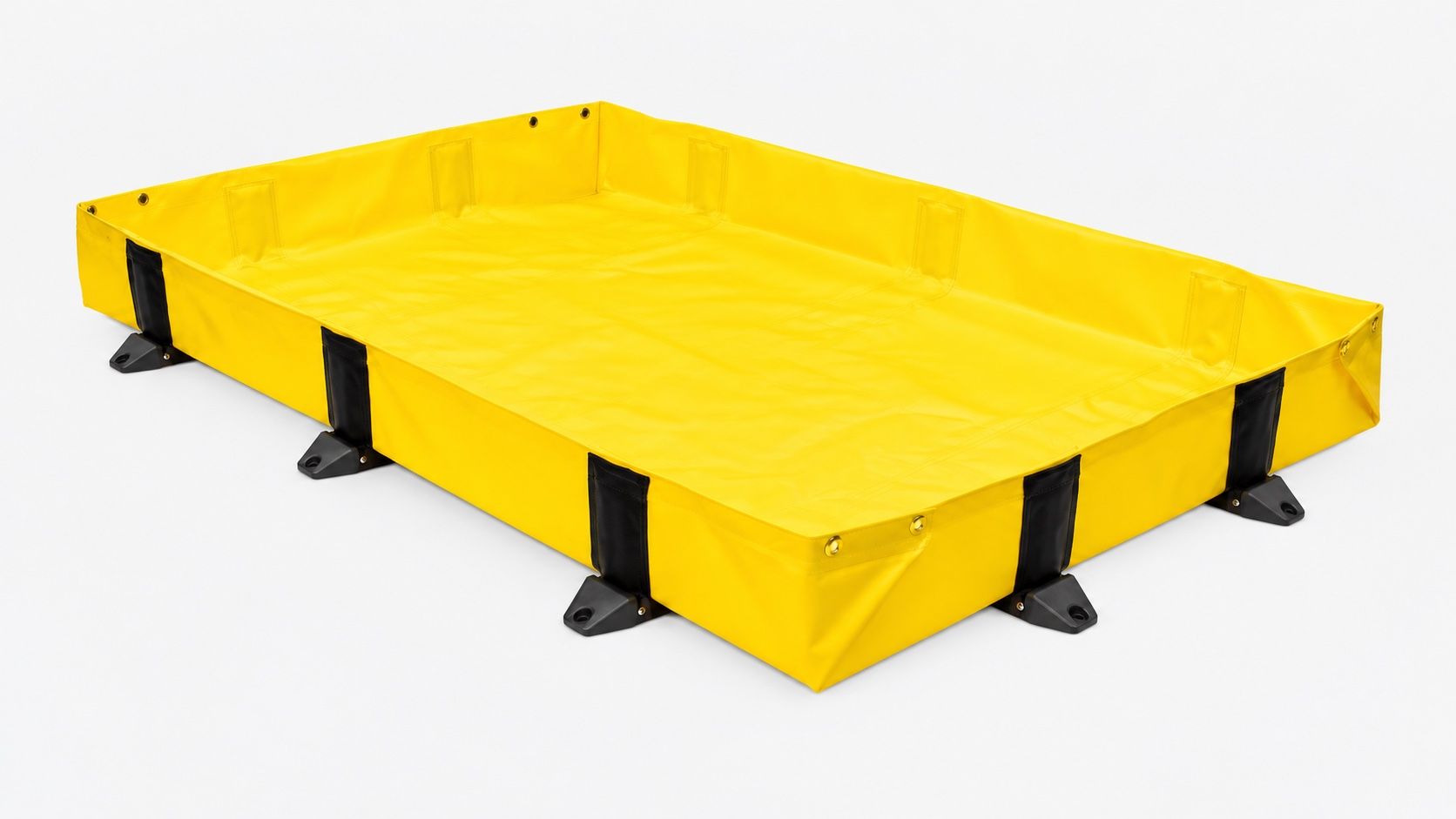 Yellow PVC L-bracket spill containment berm, empty, with black bracket sleeves down the outside of each wall ending in moulded feet on the ground, and brass grommets along the top hem