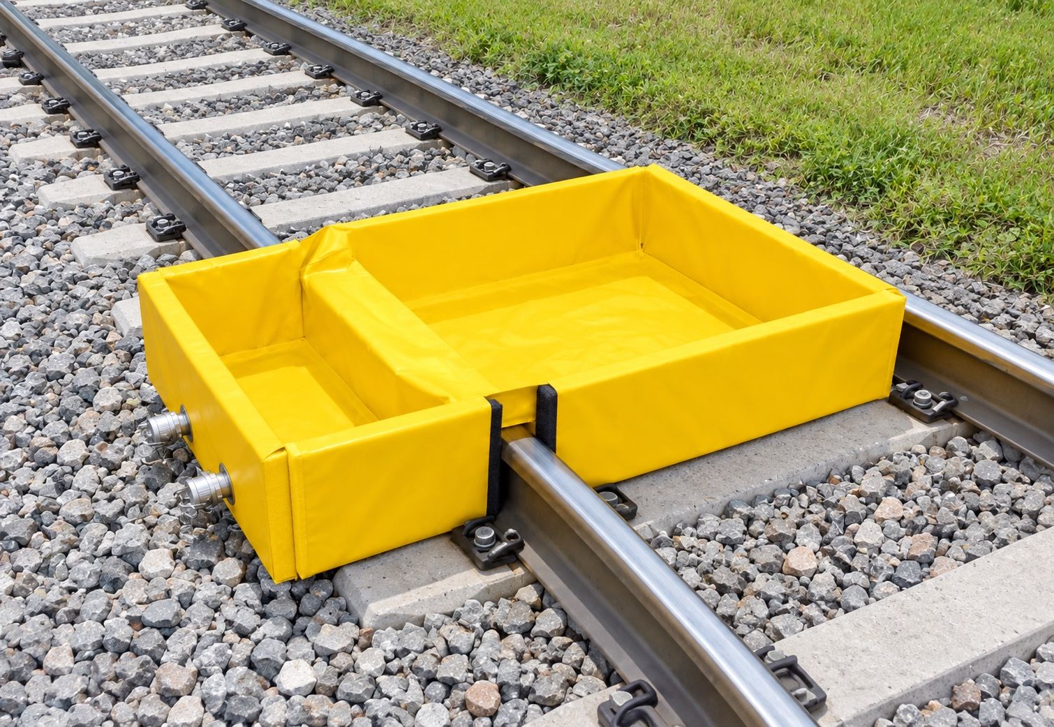 Yellow PVC railcar spill containment berm in position on ballast, straddling one rail: a raised channel lets the rail pass through the middle, with a sump either side, two camlock drain fittings on the end wall and webbing straps over the rail