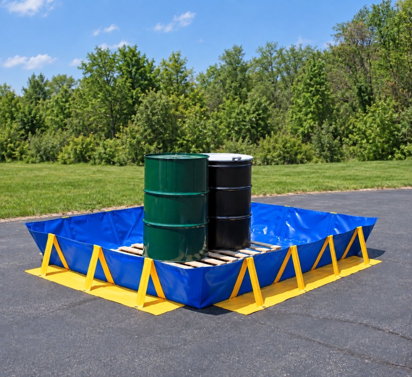 Spill berm with a skirt lying flat on the ground around it, A-frame braces standing on the skirt, and grommets in the skirt at the foot of each brace