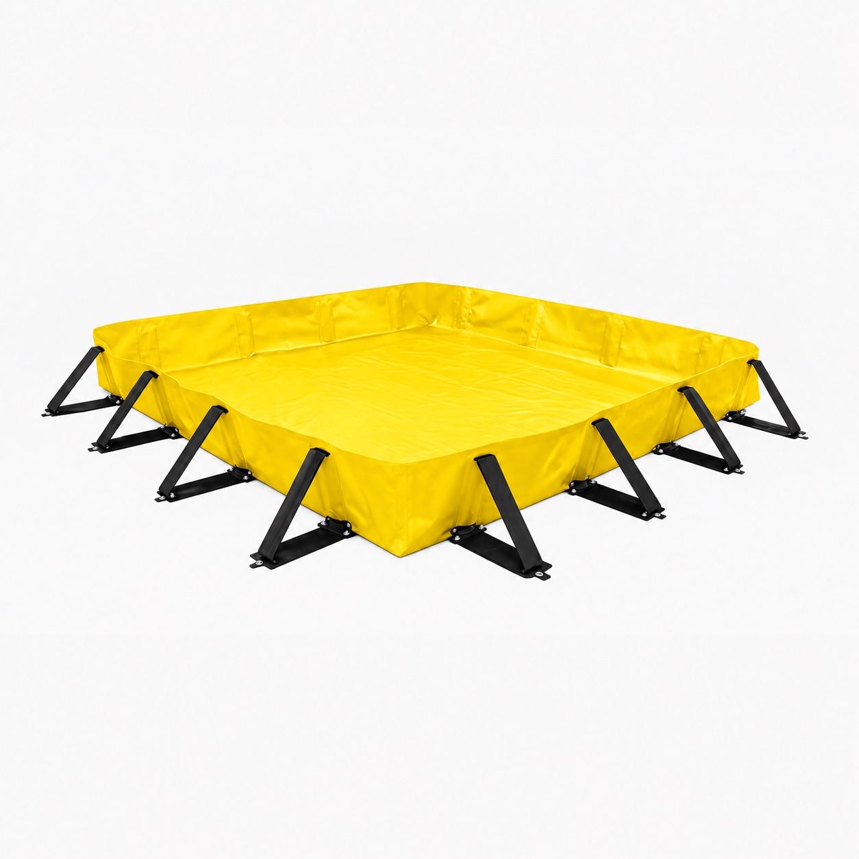 Yellow PVC stay-supported spill containment berm, empty, braced by black triangular stays standing on the ground outside every wall