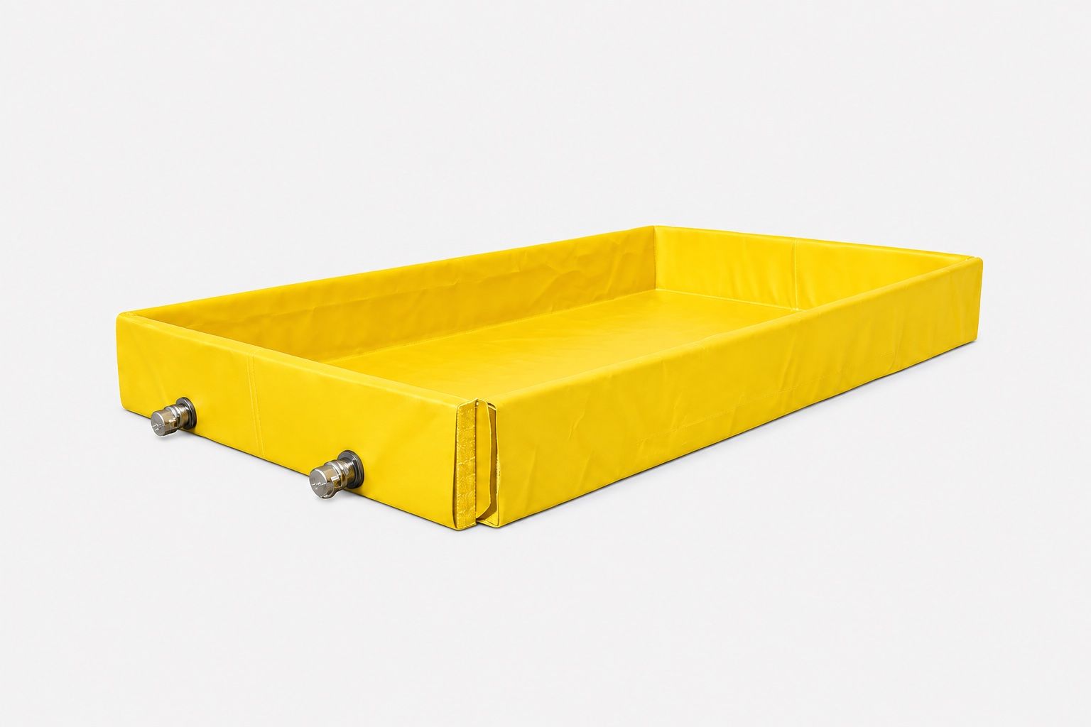 Yellow PVC tanker transfer containment berm with two stainless cam-and-groove drain fittings through the end wall at floor level, dust caps fitted